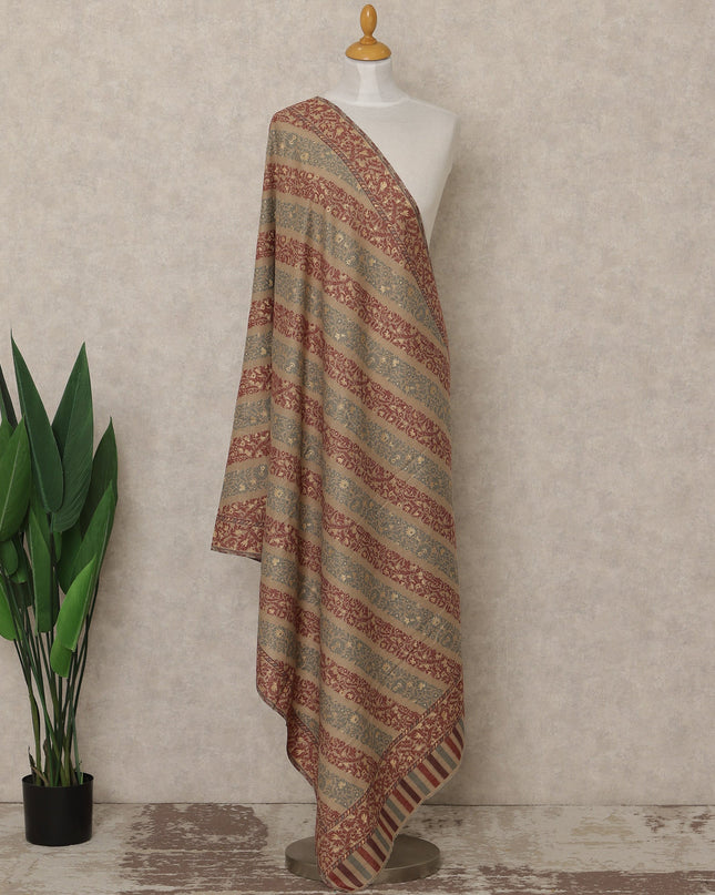 Beige Premium Kashmiri Pashmina Shawl with Maroon Woven Stripes, 225X80 CMS Width, India-D26955