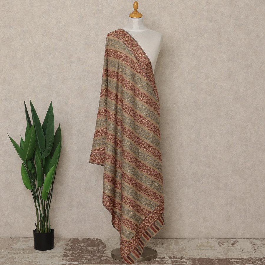 Beige Premium Kashmiri Pashmina Shawl with Maroon Woven Stripes, 225X80 CMS Width, India-D26955