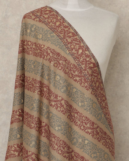 Beige Premium Kashmiri Pashmina Shawl with Maroon Woven Stripes, 225X80 CMS Width, India-D26955