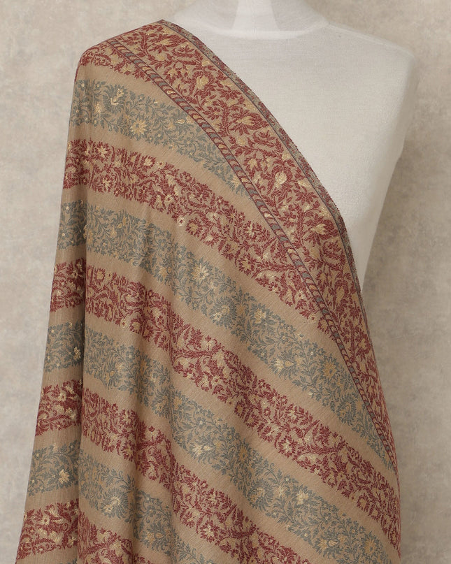 Beige Premium Kashmiri Pashmina Shawl with Maroon Woven Stripes, 225X80 CMS Width, India-D26955