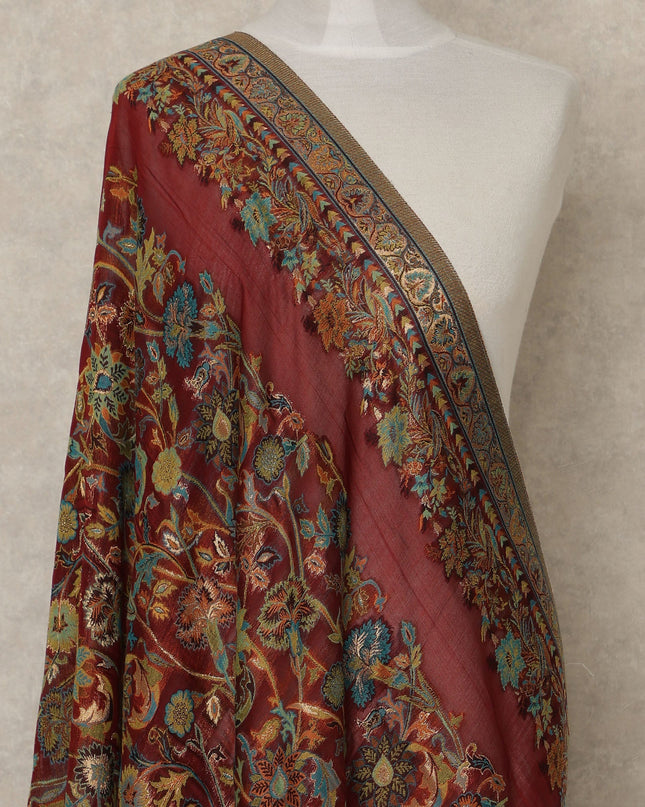 Maroon Premium Kashmiri Pashmina Shawl with Intricate Floral Weaves, 225X80 CMS Width, India-D26951 - Regal Fabrics