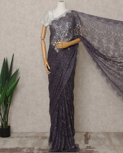 Light Purple Premium French Metallic Chantilly Lace Saree with Stone Work, Width 110 Cms, 5.5 Mtrs, France-D25567