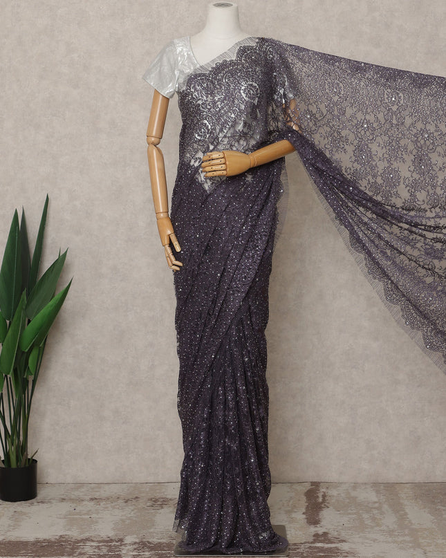 Light Purple Premium French Metallic Chantilly Lace Saree with Stone Work, Width 110 Cms, 5.5 Mtrs, France-D25567