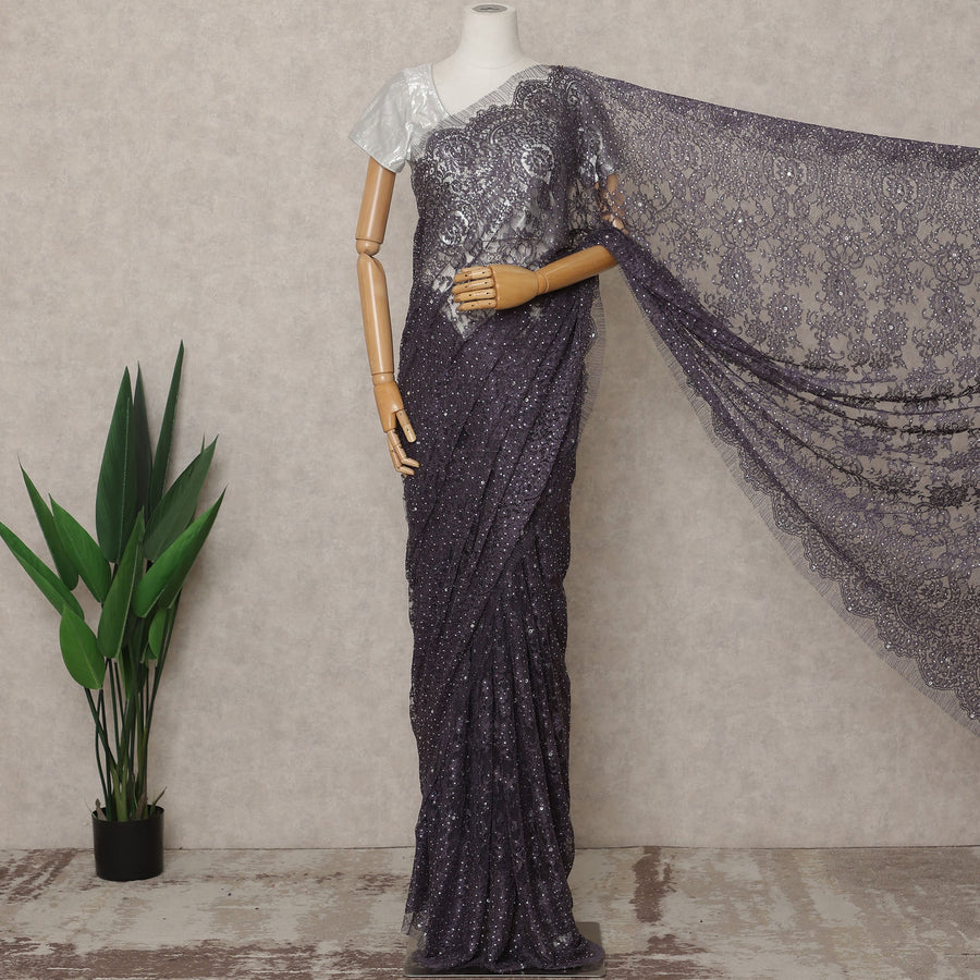 Light Purple Premium French Metallic Chantilly Lace Saree with Stone Work, Width 110 Cms, 5.5 Mtrs, France-D25567