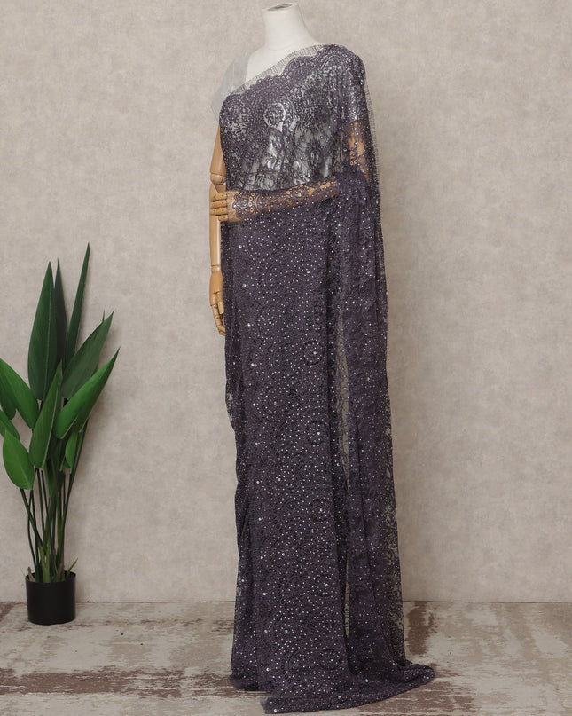 Light Purple Premium French Metallic Chantilly Lace Saree with Stone Work, Width 110 Cms, 5.5 Mtrs, France-D25567