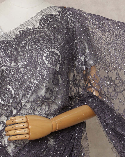 Light Purple Premium French Metallic Chantilly Lace Saree with Stone Work, Width 110 Cms, 5.5 Mtrs, France-D25567