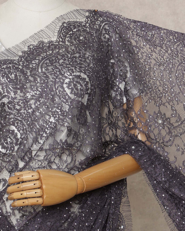 Light Purple Premium French Metallic Chantilly Lace Saree with Stone Work, Width 110 Cms, 5.5 Mtrs, France-D25567