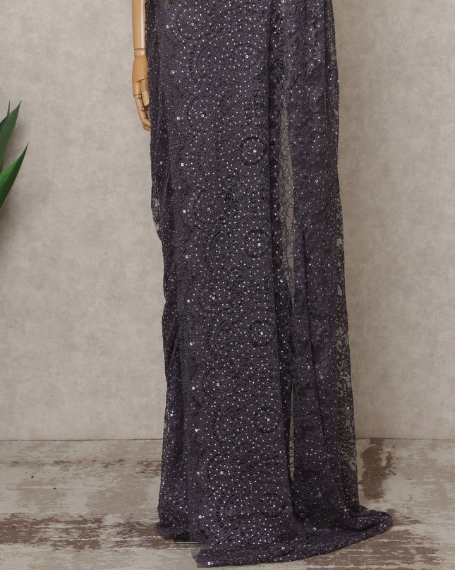 Light Purple Premium French Metallic Chantilly Lace Saree with Stone Work, Width 110 Cms, 5.5 Mtrs, France-D25567