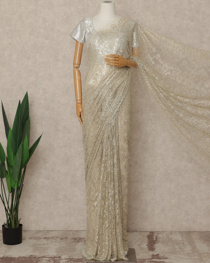 Ivory Gold Premium French Metallic Chantilly Saree Lace Fabric 5.5 Meters x 110 Cms Width Elegant Floral Net Material From France Unstitched Blouse Not Included-D28144