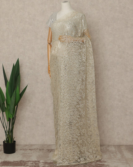 Ivory Gold Premium French Metallic Chantilly Saree Lace Fabric 5.5 Meters x 110 Cms Width Elegant Floral Net Material From France Unstitched Blouse Not Included-D28144