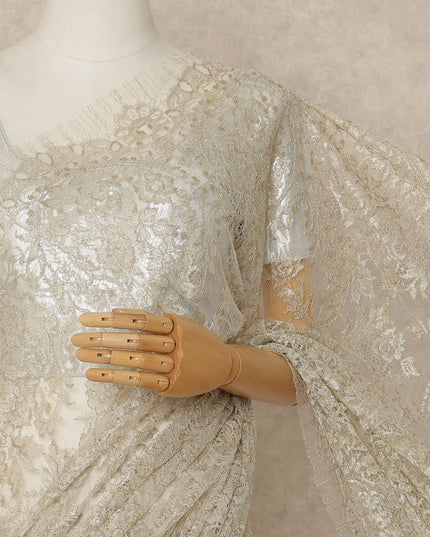 Ivory Gold Premium French Metallic Chantilly Saree Lace Fabric 5.5 Meters x 110 Cms Width Elegant Floral Net Material From France Unstitched Blouse Not Included-D28144