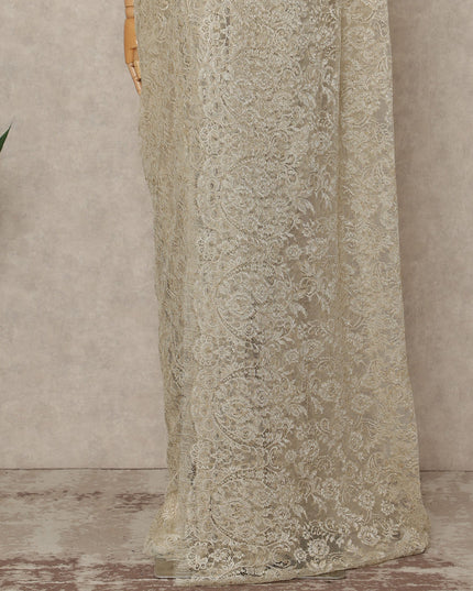 Ivory Gold Premium French Metallic Chantilly Saree Lace Fabric 5.5 Meters x 110 Cms Width Elegant Floral Net Material From France Unstitched Blouse Not Included-D28144