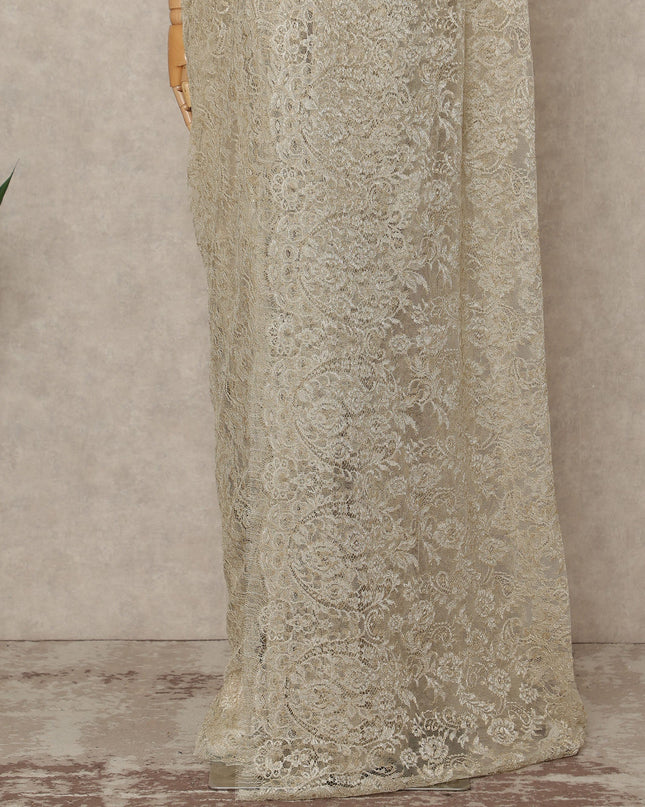 Ivory Gold Premium French Metallic Chantilly Saree Lace Fabric 5.5 Meters x 110 Cms Width Elegant Floral Net Material From France Unstitched Blouse Not Included-D28144