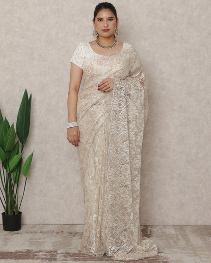 Champagne Beige Premium French Metallic Chantilly Saree Lace, 5.5 Mtrs Length, 110 Cms Width, Made in France-D24437
