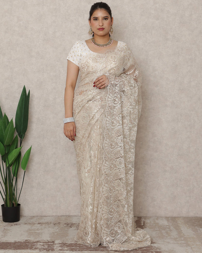 Champagne Beige Premium French Metallic Chantilly Saree Lace, 5.5 Mtrs Length, 110 Cms Width, Made in France-D24437