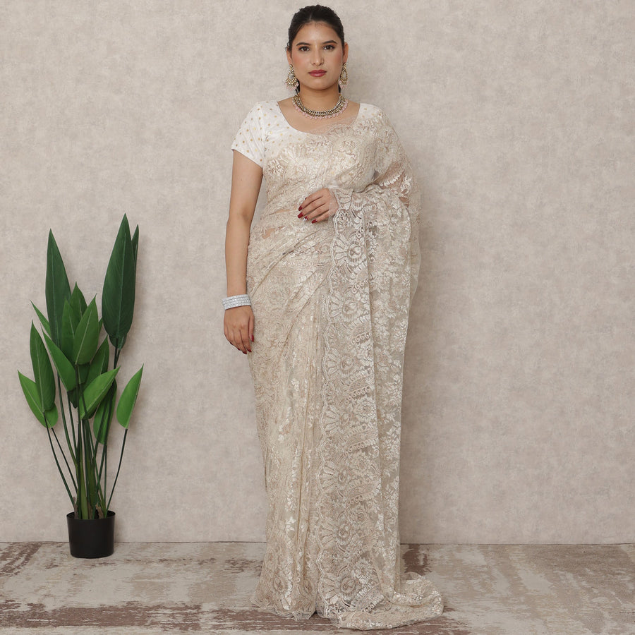 Champagne Beige Premium French Metallic Chantilly Saree Lace, 5.5 Mtrs Length, 110 Cms Width, Made in France-D24437