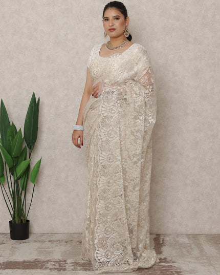 Champagne Beige Premium French Metallic Chantilly Saree Lace, 5.5 Mtrs Length, 110 Cms Width, Made in France-D24437