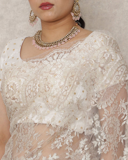 Champagne Beige Premium French Metallic Chantilly Saree Lace, 5.5 Mtrs Length, 110 Cms Width, Made in France-D24437