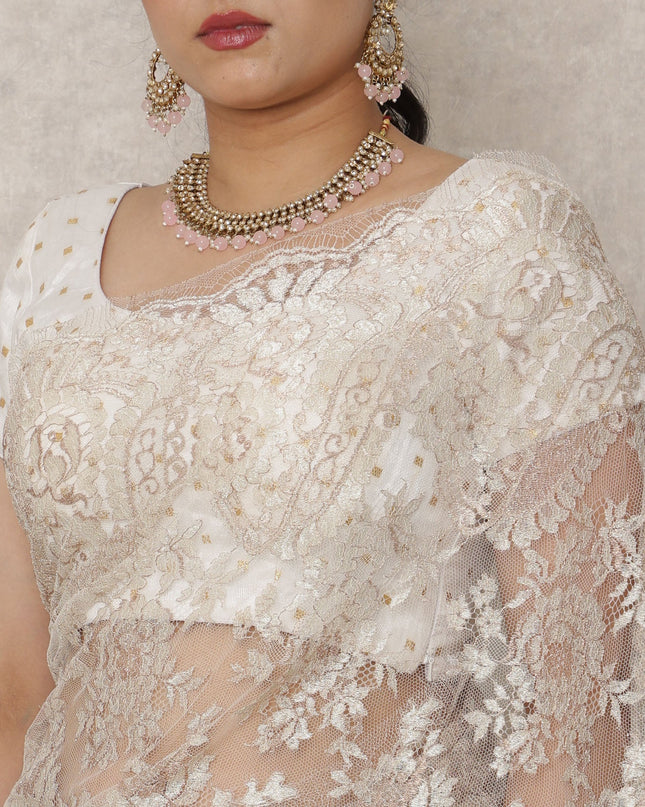 Champagne Beige Premium French Metallic Chantilly Saree Lace, 5.5 Mtrs Length, 110 Cms Width, Made in France-D24437