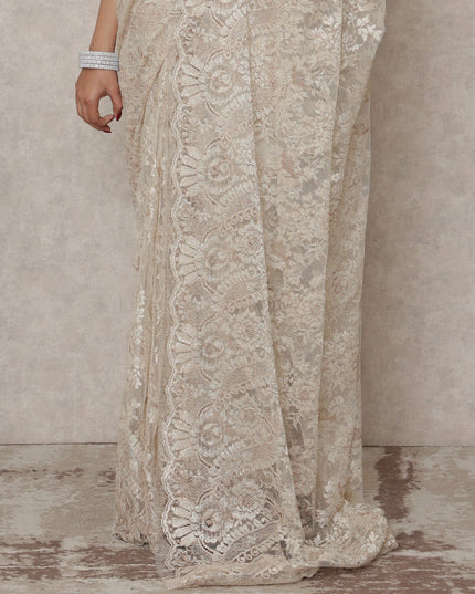 Champagne Beige Premium French Metallic Chantilly Saree Lace, 5.5 Mtrs Length, 110 Cms Width, Made in France-D24437