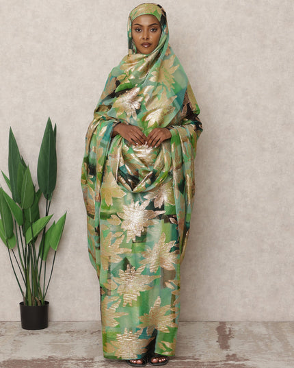 Green Korean Silk Chiffon Thobe with Metallic Lurex Floral Pattern, 4.5 Mtrs Length, Width 140 Cms, South Korea-D24402