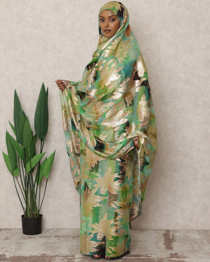 Green Korean Silk Chiffon Thobe with Metallic Lurex Floral Pattern, 4.5 Mtrs Length, Width 140 Cms, South Korea-D24402