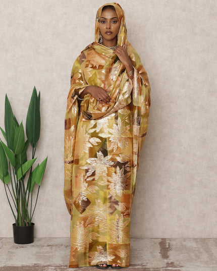 Golden Olive Premium Silk Chiffon Thobe with Metallic Lurex, 4.5 Mtrs Length, Width 140 Cms, South Korea-D24405