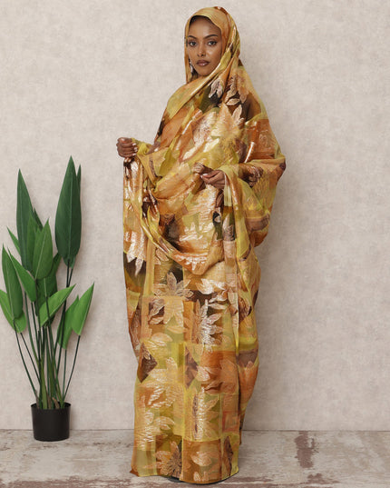 Golden Olive Premium Silk Chiffon Thobe with Metallic Lurex, 4.5 Mtrs Length, Width 140 Cms, South Korea-D24405