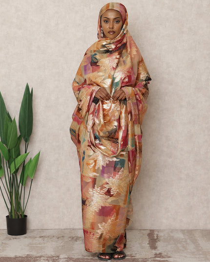 Rust Multicolor Floral Premium Silk Chiffon Thobe with Metallic Lurex, 4.5 Mtrs Length, Width 140 Cms, South Korea-D24409