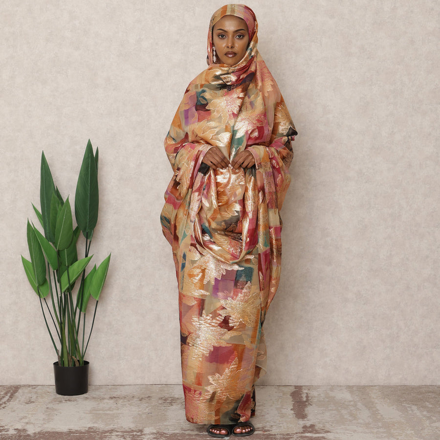 Rust Multicolor Floral Premium Silk Chiffon Thobe with Metallic Lurex, 4.5 Mtrs Length, Width 140 Cms, South Korea-D24409