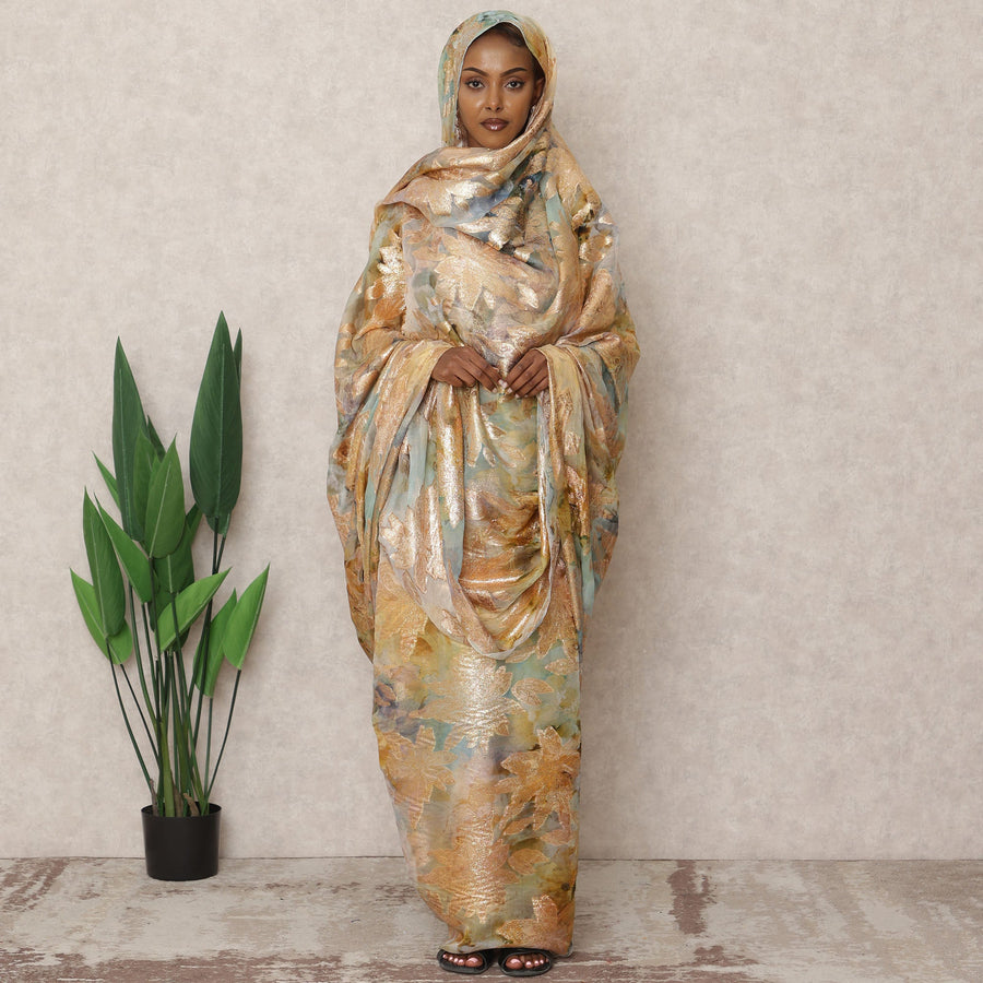 Golden Beige Premium Silk Chiffon Thobe with Metallic Lurex, 4.5 Mtrs Length, Width 140 Cms, South Korea-D24407