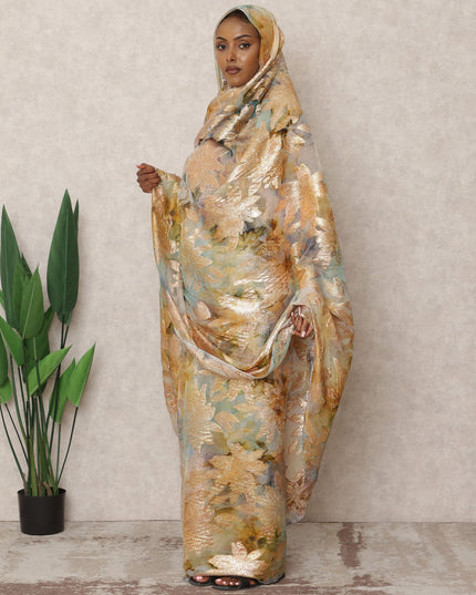 Golden Beige Premium Silk Chiffon Thobe with Metallic Lurex, 4.5 Mtrs Length, Width 140 Cms, South Korea-D24407