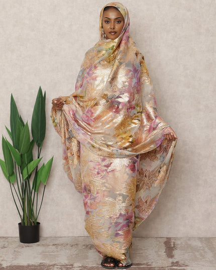 ثوب شيفون حريري فاخر بنقشة زهور متعددة الألوان كريمي مع لوركس معدني، طول 4.5 متر، عرض 140 سم، كوريا الجنوبية - D24408