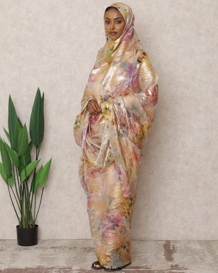 ثوب شيفون حريري فاخر بنقشة زهور متعددة الألوان كريمي مع لوركس معدني، طول 4.5 متر، عرض 140 سم، كوريا الجنوبية - D24408