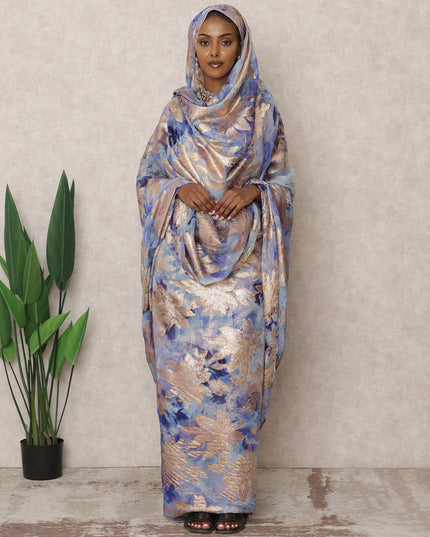 Blue Korean Silk Chiffon Thobe with Metallic Lurex Floral Design, 4.5 Mtrs Length, Width 140 Cms, South Korea-D24403