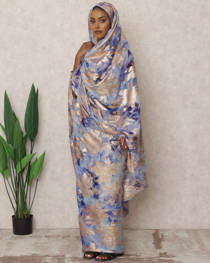 Blue Korean Silk Chiffon Thobe with Metallic Lurex Floral Design, 4.5 Mtrs Length, Width 140 Cms, South Korea-D24403