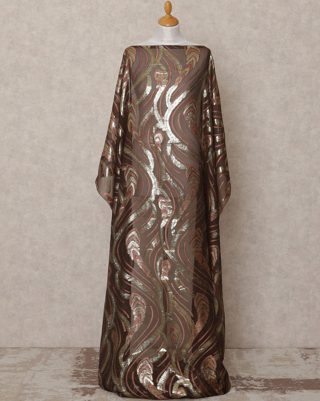 Fransawi Brown and Gold Metallic Lurex Somali Silk Chiffon Dirac Fabric – 3.5 Meters, Width 140 cm, Made in France-D24743