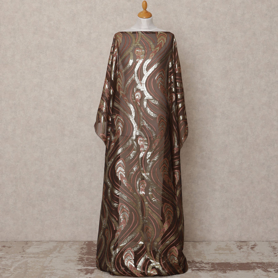 Fransawi Brown and Gold Metallic Lurex Somali Silk Chiffon Dirac Fabric – 3.5 Meters, Width 140 cm, Made in France-D24743