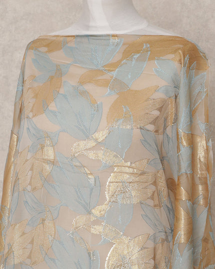 Grey Fransawi Metallic Lurex Leaf Pattern Somali Silk Chiffon Dirac Fabric – 3.5 Meters, Width 140 cm, Made in France-D24749