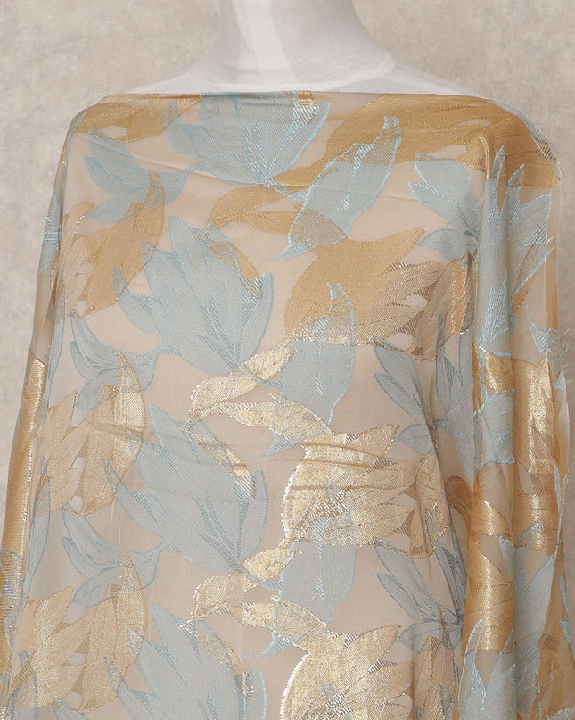 Grey Fransawi Metallic Lurex Leaf Pattern Somali Silk Chiffon Dirac Fabric – 3.5 Meters, Width 140 cm, Made in France-D24749
