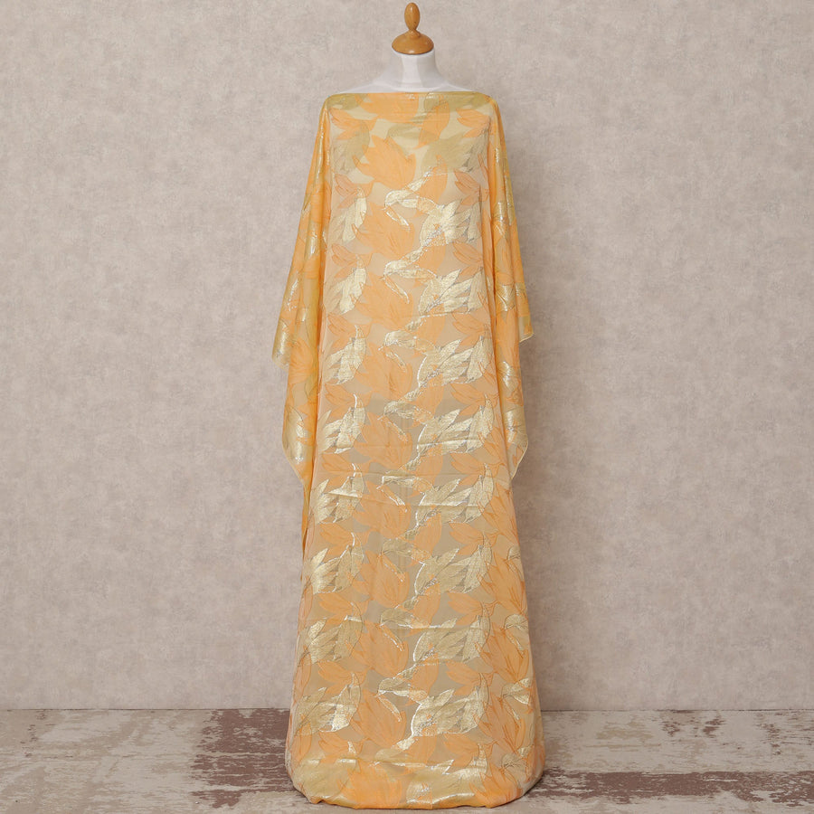 Peach Fransawi Metallic Lurex Leaf Pattern Somali Silk Chiffon Dirac Fabric – 3.5 Meters, Width 140 cm, Made in France-D24751