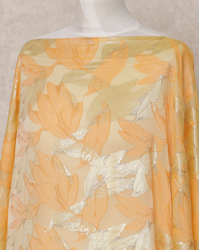 Peach Fransawi Metallic Lurex Leaf Pattern Somali Silk Chiffon Dirac Fabric – 3.5 Meters, Width 140 cm, Made in France-D24751