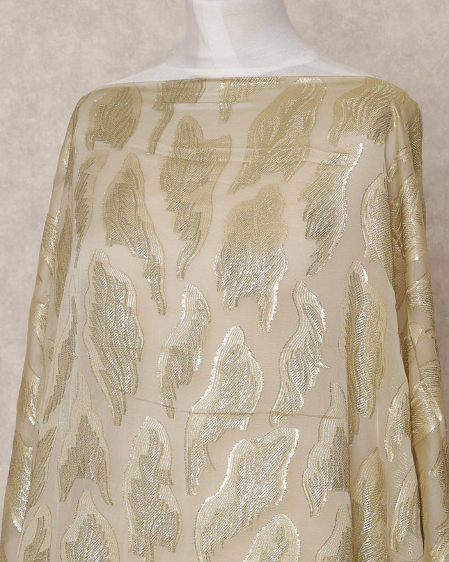 Beige Fransawi Metallic Lurex Leaf Pattern Somali Silk Chiffon Dirac Fabric – 3.5 Meters, Width 140 cm, Made in France-D24753