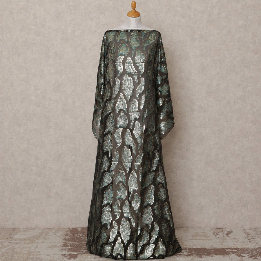 Black Fransawi Metallic Lurex Leaf Pattern Somali Silk Chiffon Dirac Fabric – 3.5 Meters, Width 140 cm, Made in France-D24748