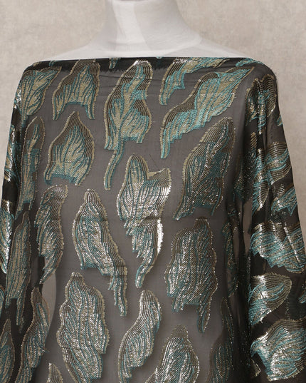 Black Fransawi Metallic Lurex Leaf Pattern Somali Silk Chiffon Dirac Fabric – 3.5 Meters, Width 140 cm, Made in France-D24748