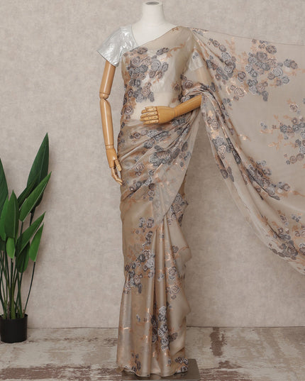 ساري شيفون حرير فرنسي فاخر بلون الشمبانيا الرمادي - طول 5.5 متر، عرض 110 سم، صنع في فرنسا - D25623