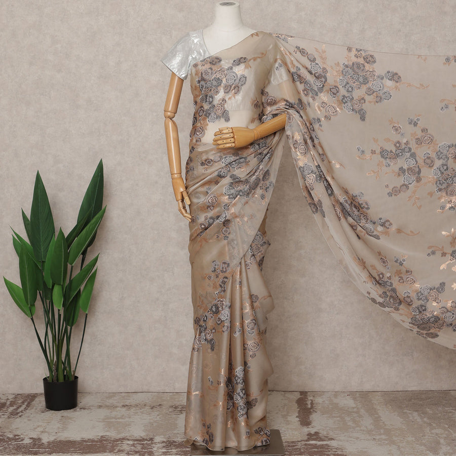 ساري شيفون حرير فرنسي فاخر بلون الشمبانيا الرمادي - طول 5.5 متر، عرض 110 سم، صنع في فرنسا - D25623