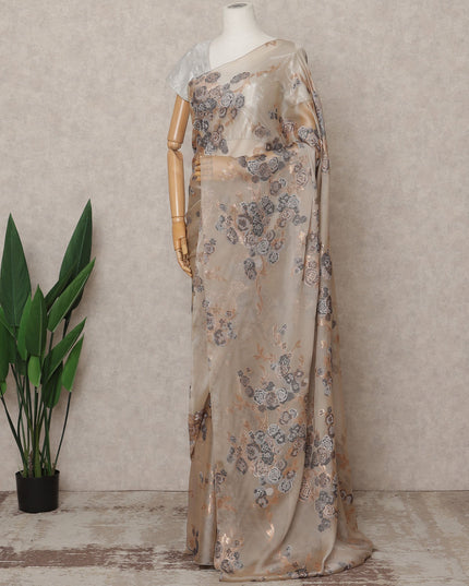 ساري شيفون حرير فرنسي فاخر بلون الشمبانيا الرمادي - طول 5.5 متر، عرض 110 سم، صنع في فرنسا - D25623