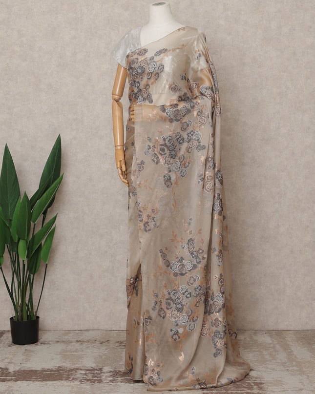 ساري شيفون حرير فرنسي فاخر بلون الشمبانيا الرمادي - طول 5.5 متر، عرض 110 سم، صنع في فرنسا - D25623