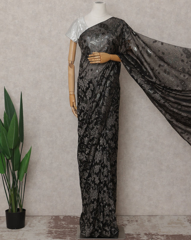 Onyx Black French Silk Chiffon Saree 5.5m